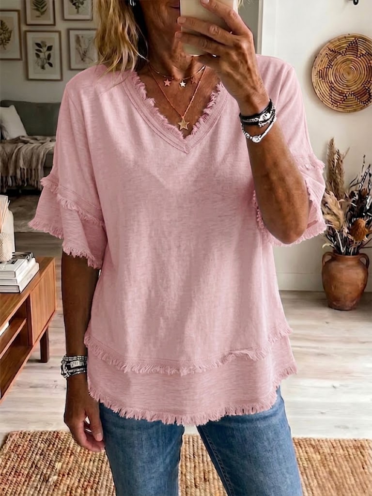 Jovrya - Top femme lin col V manches courtes coupe décontractée été