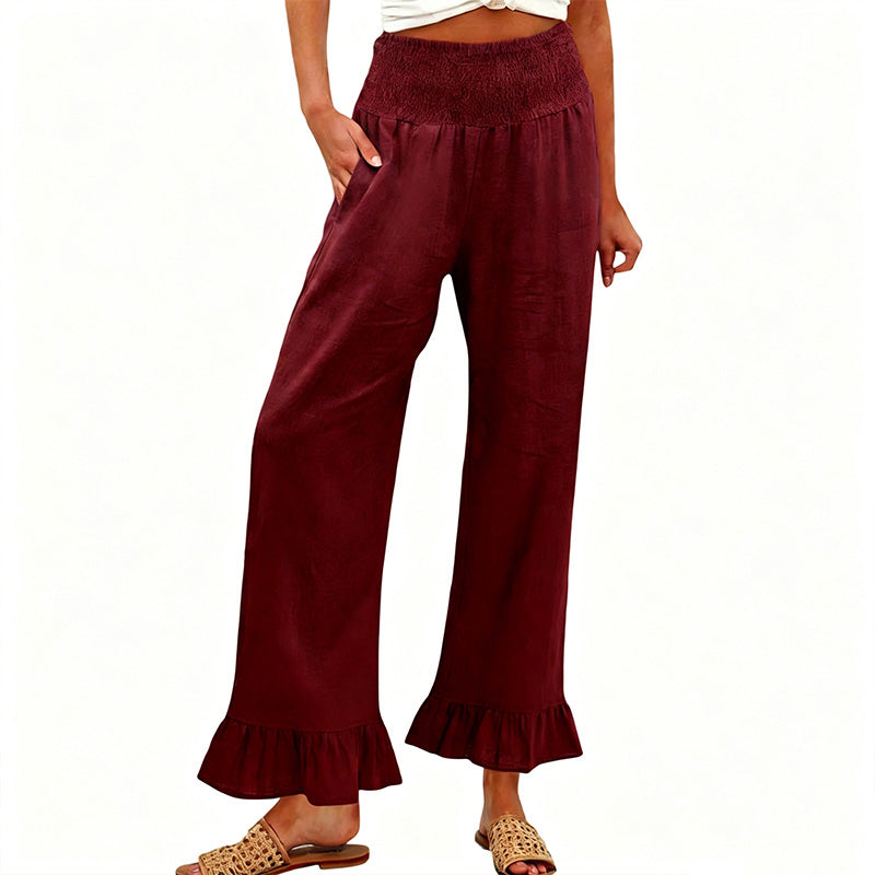 Dorexa - Pantalon femme taille haute smockée large coton lin boho