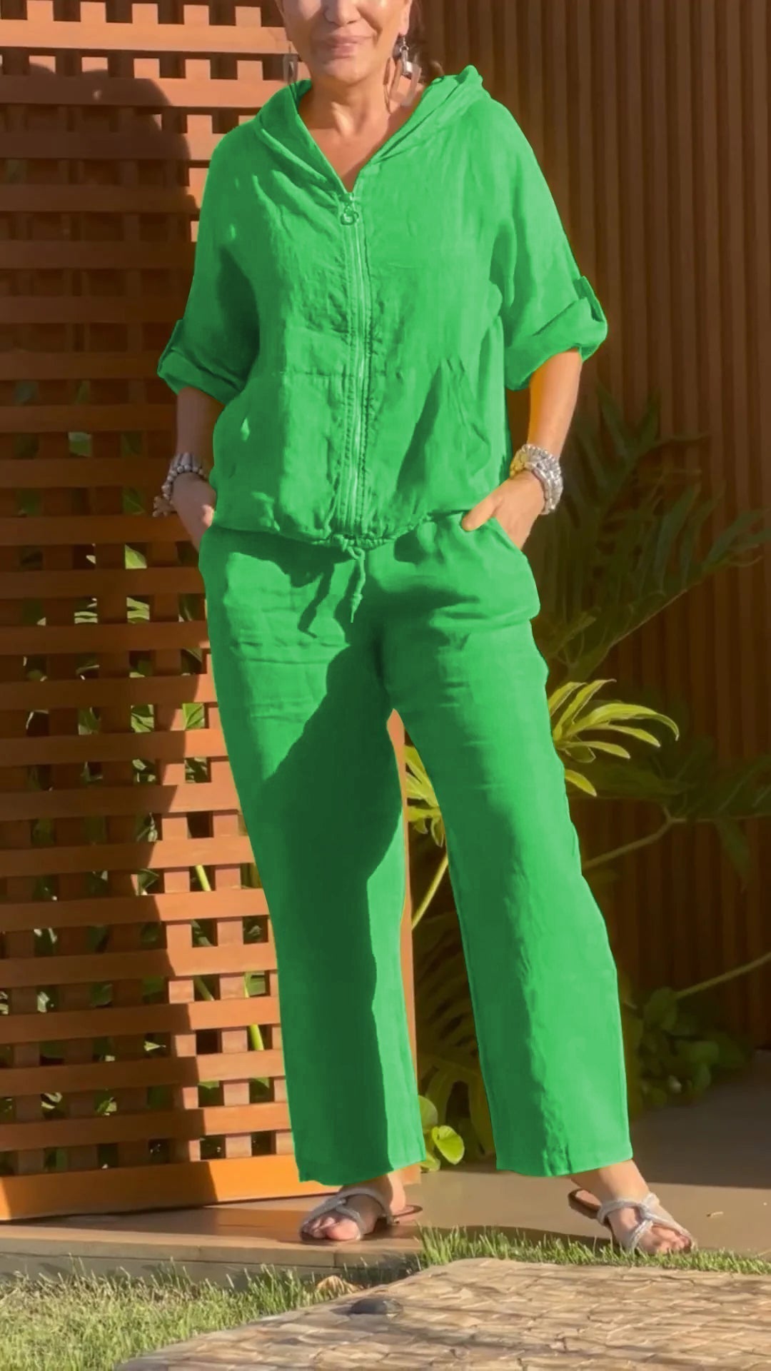 Elyraxa - Ensemble femme capuche zip coton lin coupe ample été