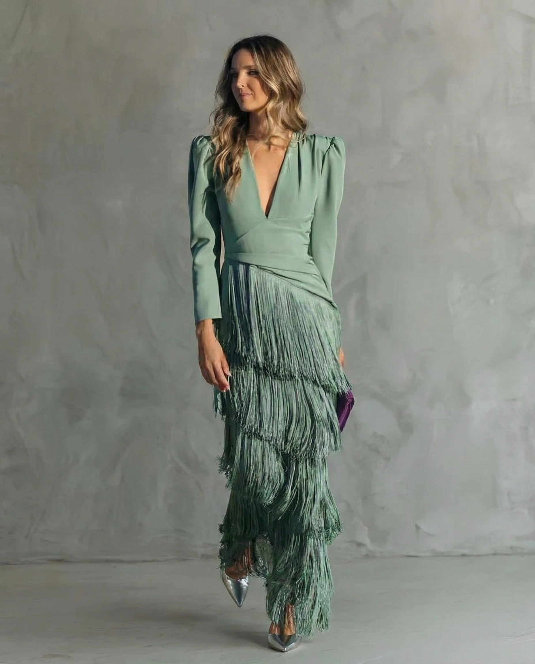 Brigitte - Robe Midi Femme Élégante À Franges Décolleté V Manches Longues