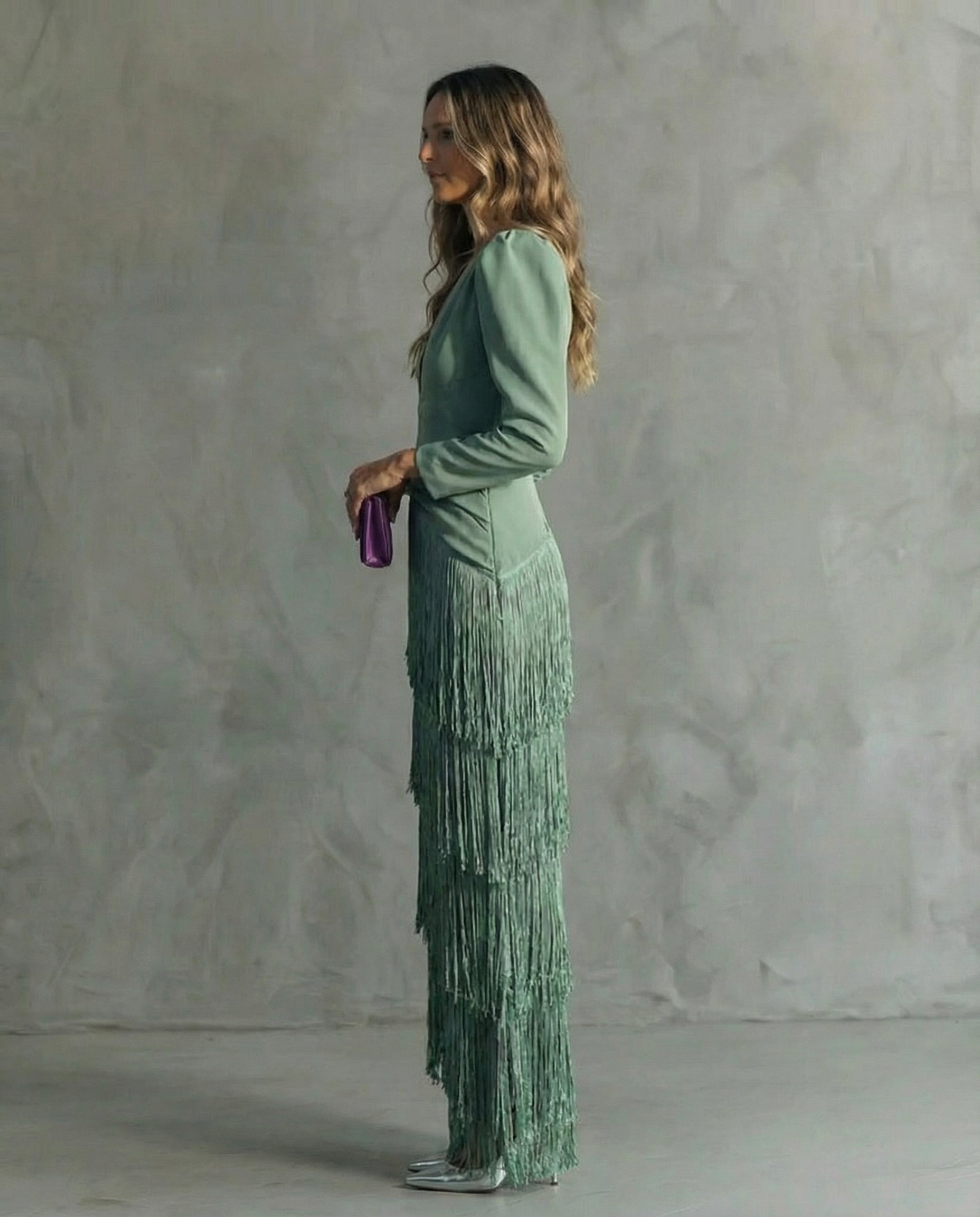 Brigitte - Robe Midi Femme Élégante À Franges Décolleté V Manches Longues