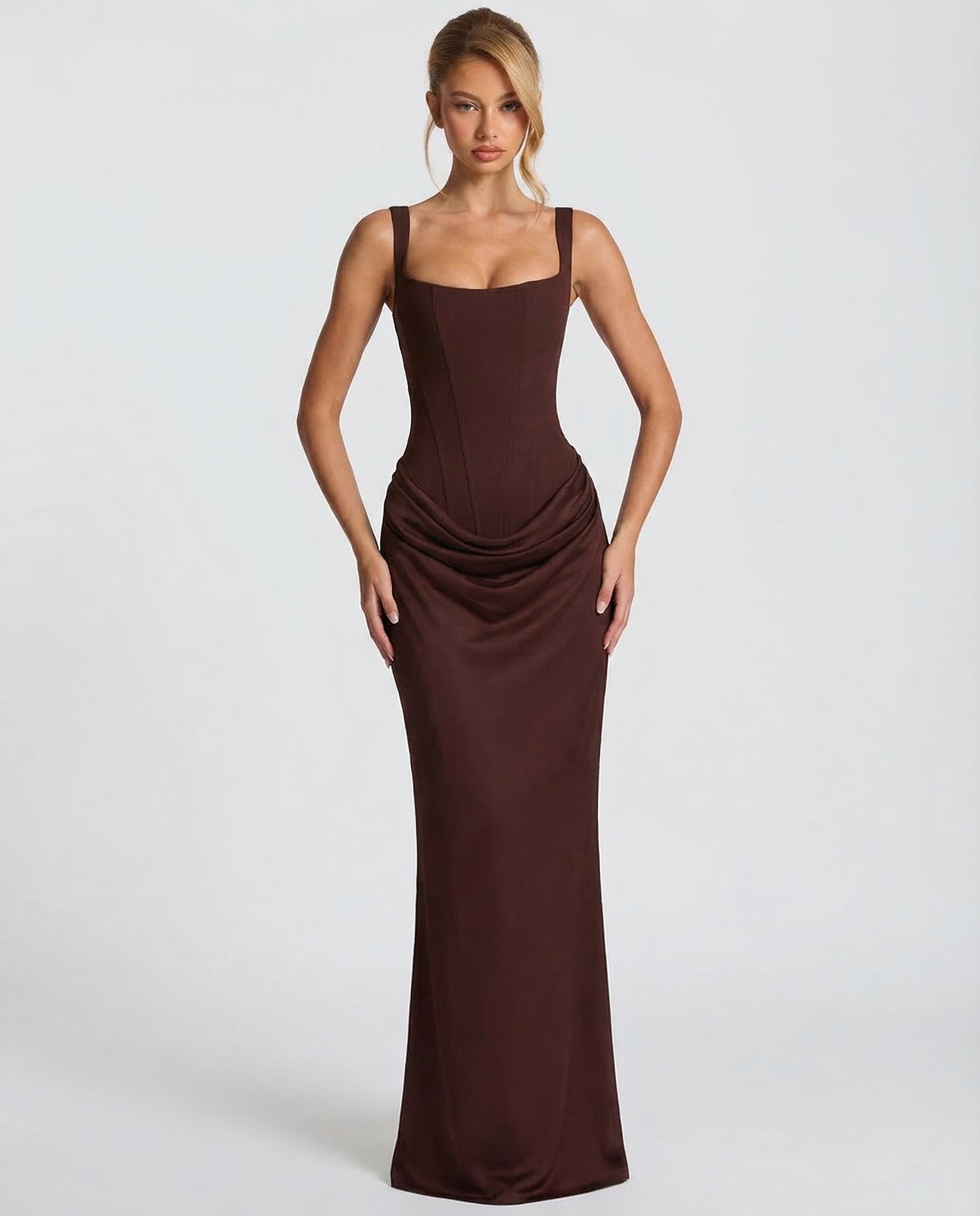 Elyndoria - Robe maxi femme moulante effet sablier élégante et satinée