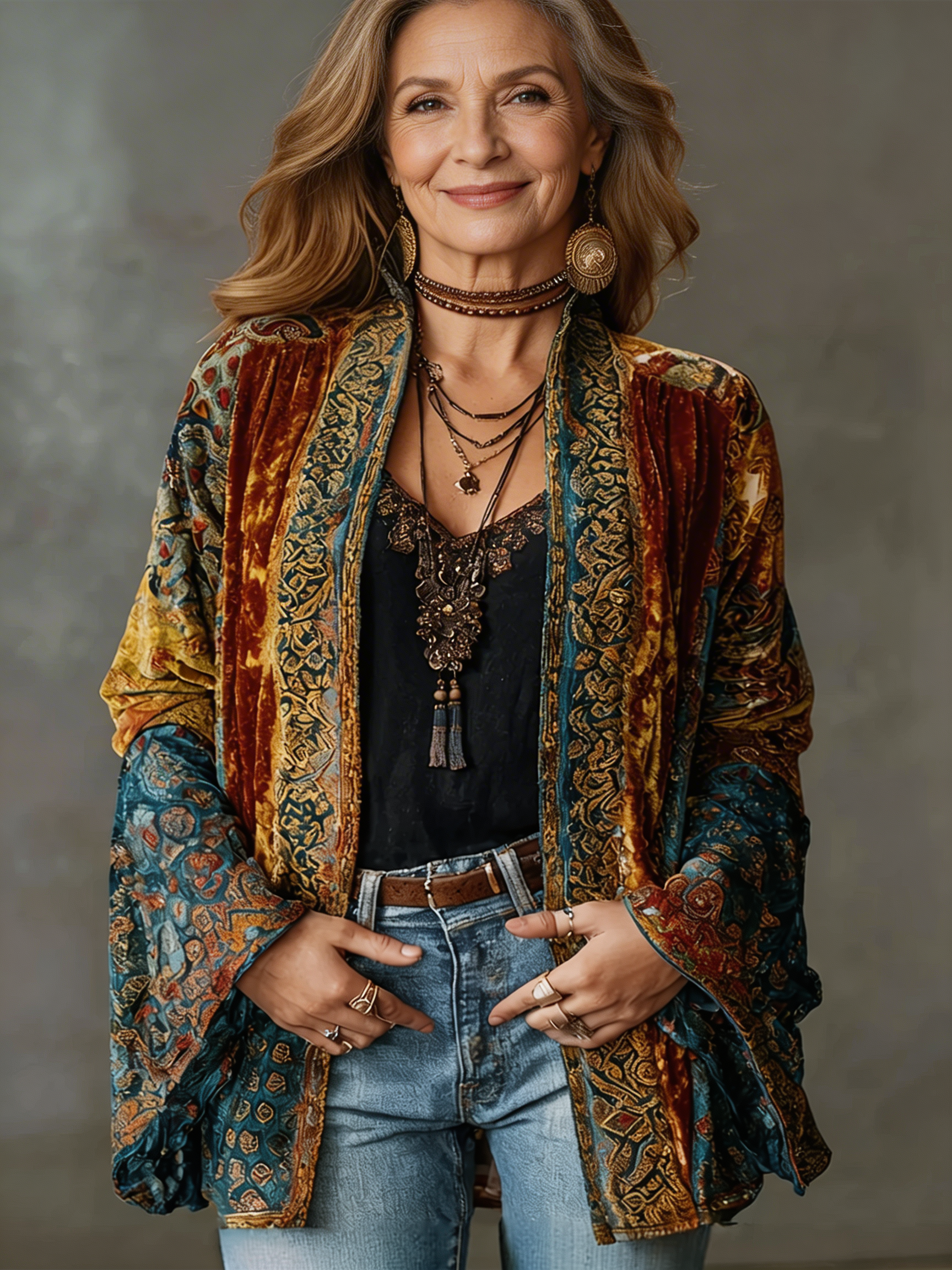 Ariana - Veste Kimono Femme Fluide Motif Bohème Brodé Style Élégant
