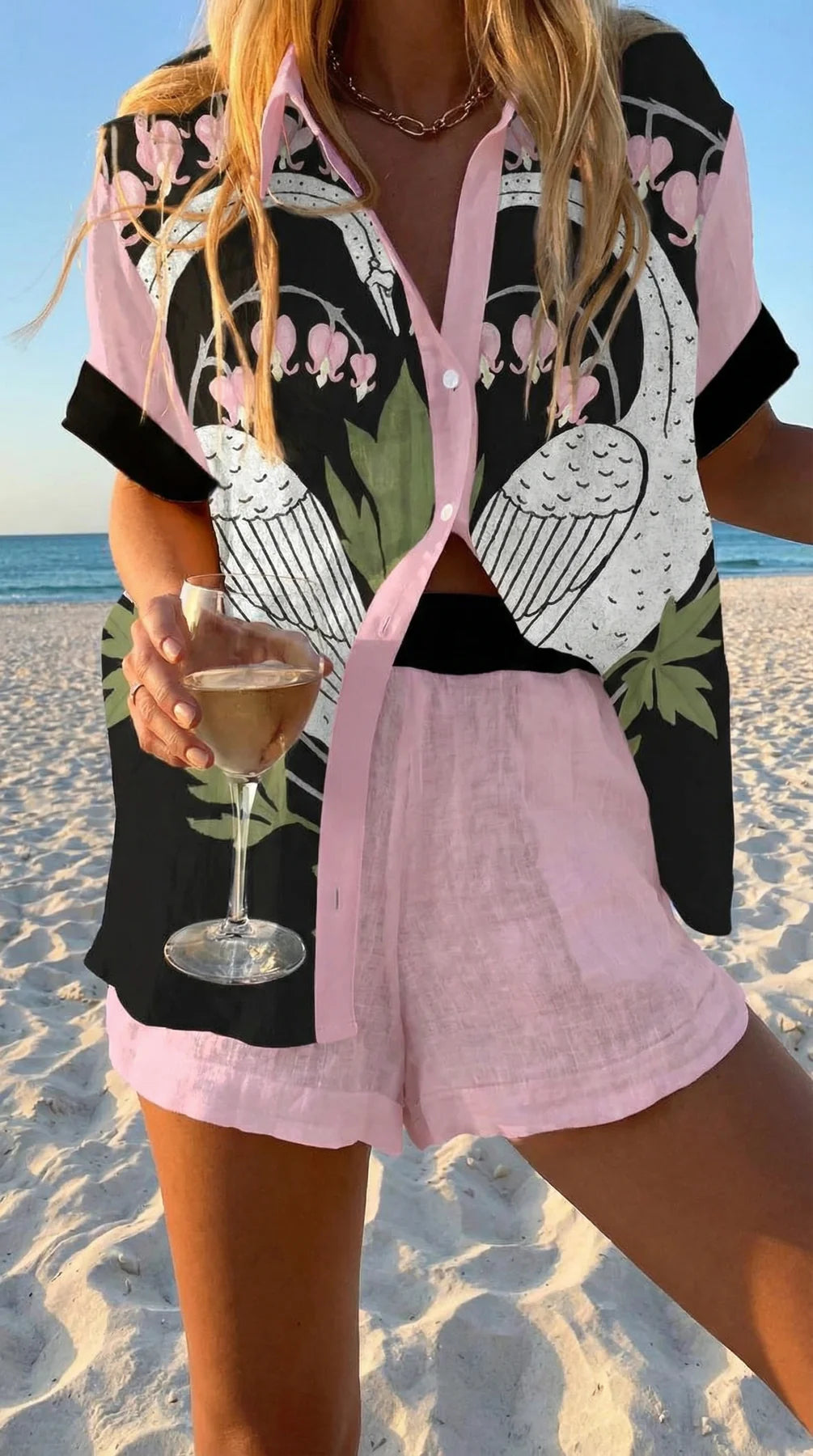 Faselyra - Ensemble femme chemise et short imprimé poisson style plage bohème