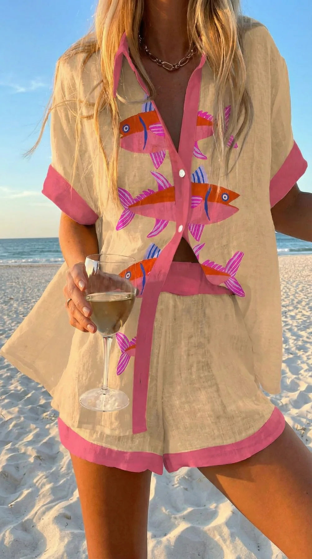 Faselyra - Ensemble femme chemise et short imprimé poisson style plage bohème