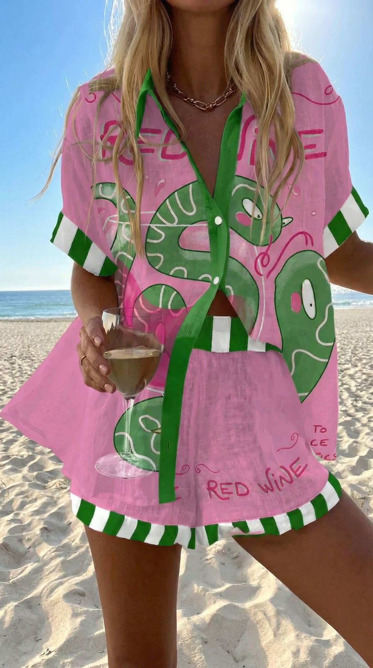 Faselyra - Ensemble femme chemise et short imprimé poisson style plage bohème