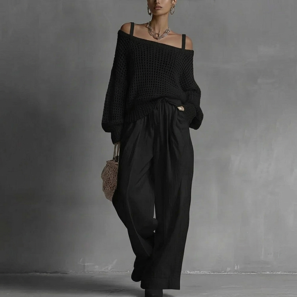 Cleora - Ensemble femme deux pièces avec pull ajouré et pantalon large