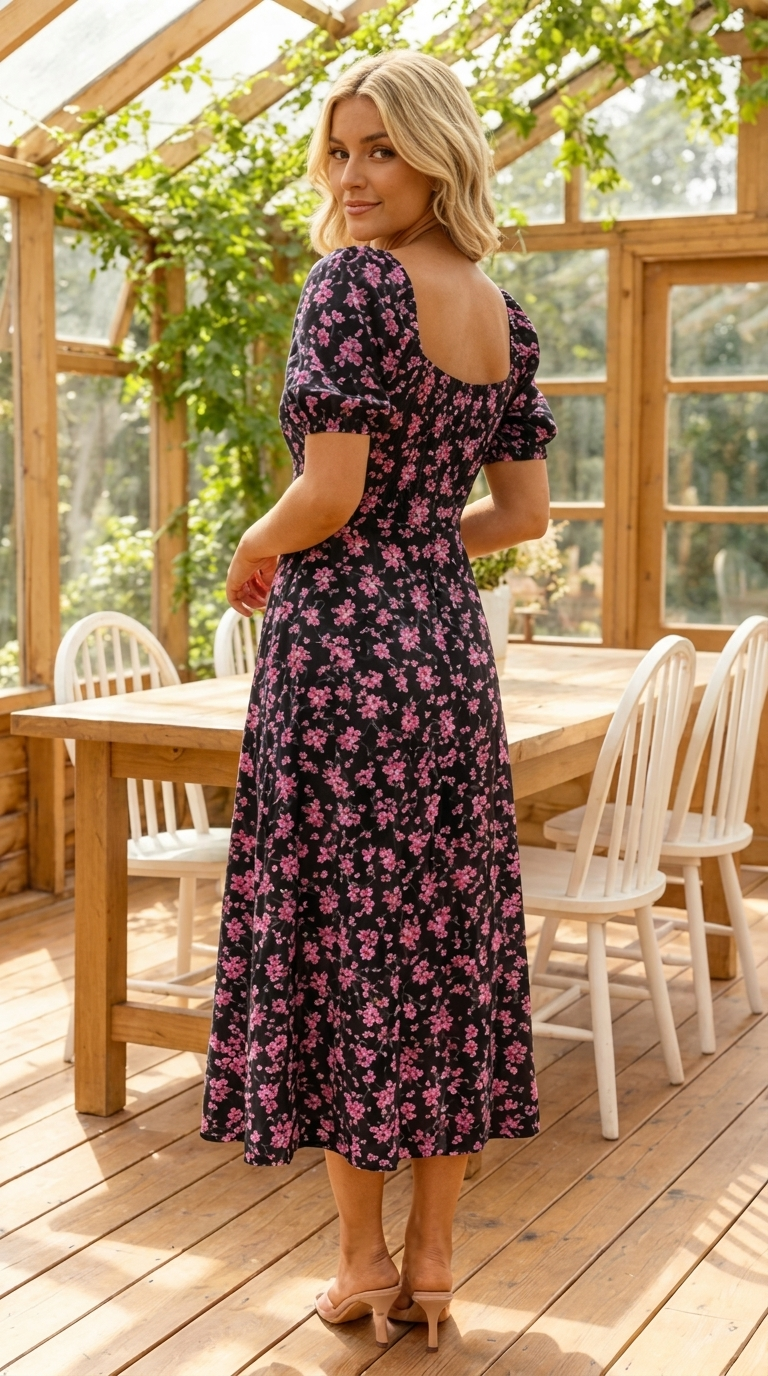 Cirella - Robe midi femme noire à imprimé floral rose