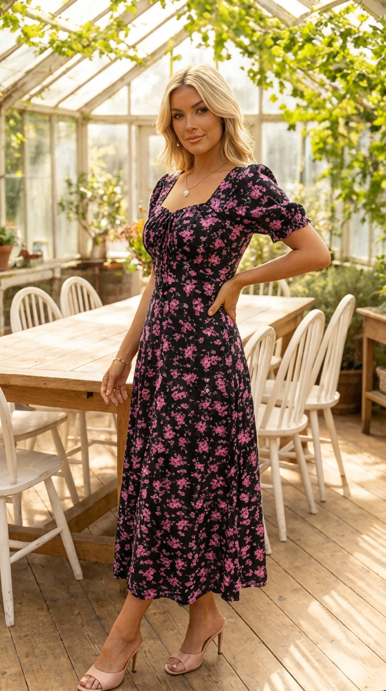 Cirella - Robe midi femme noire à imprimé floral rose