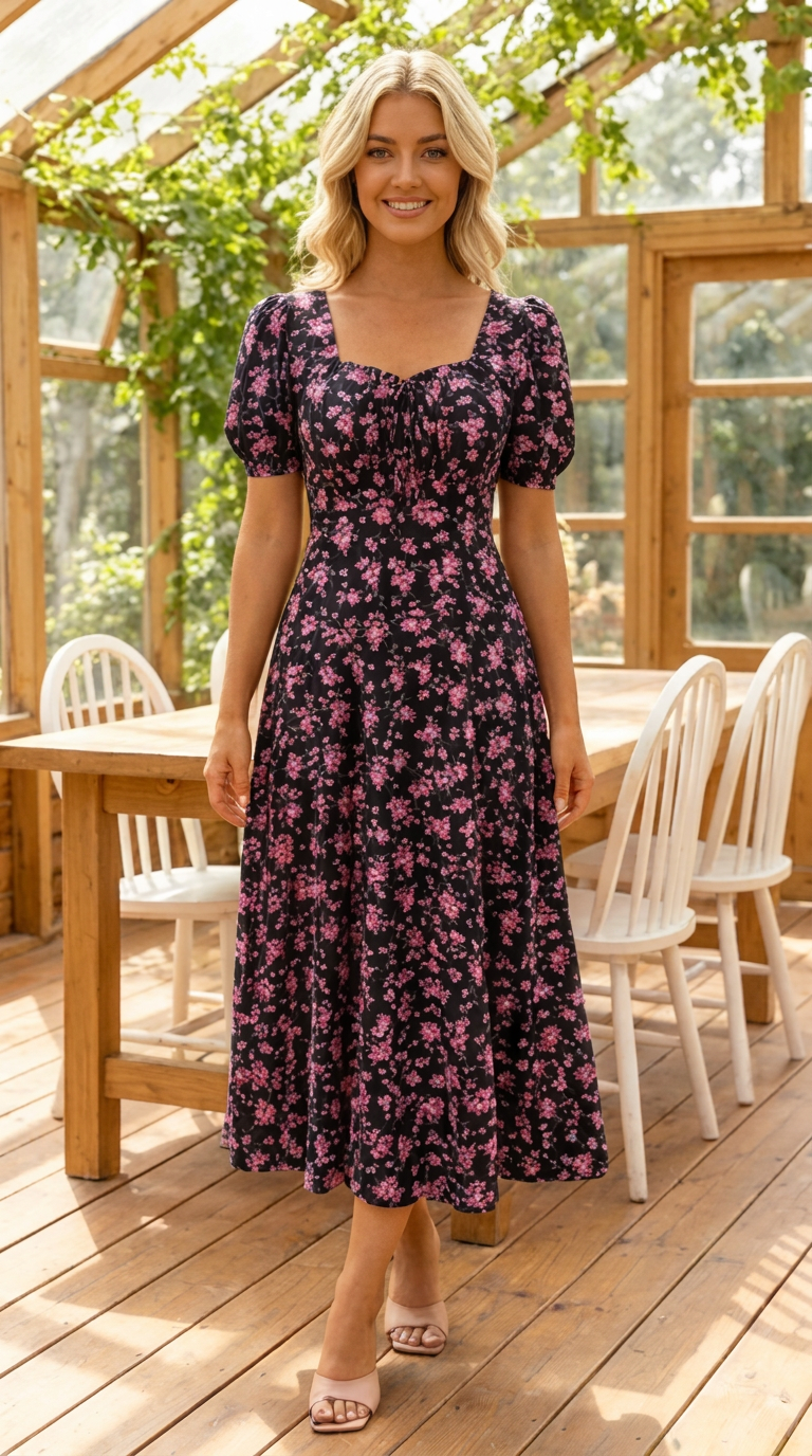 Cirella - Robe midi femme noire à imprimé floral rose
