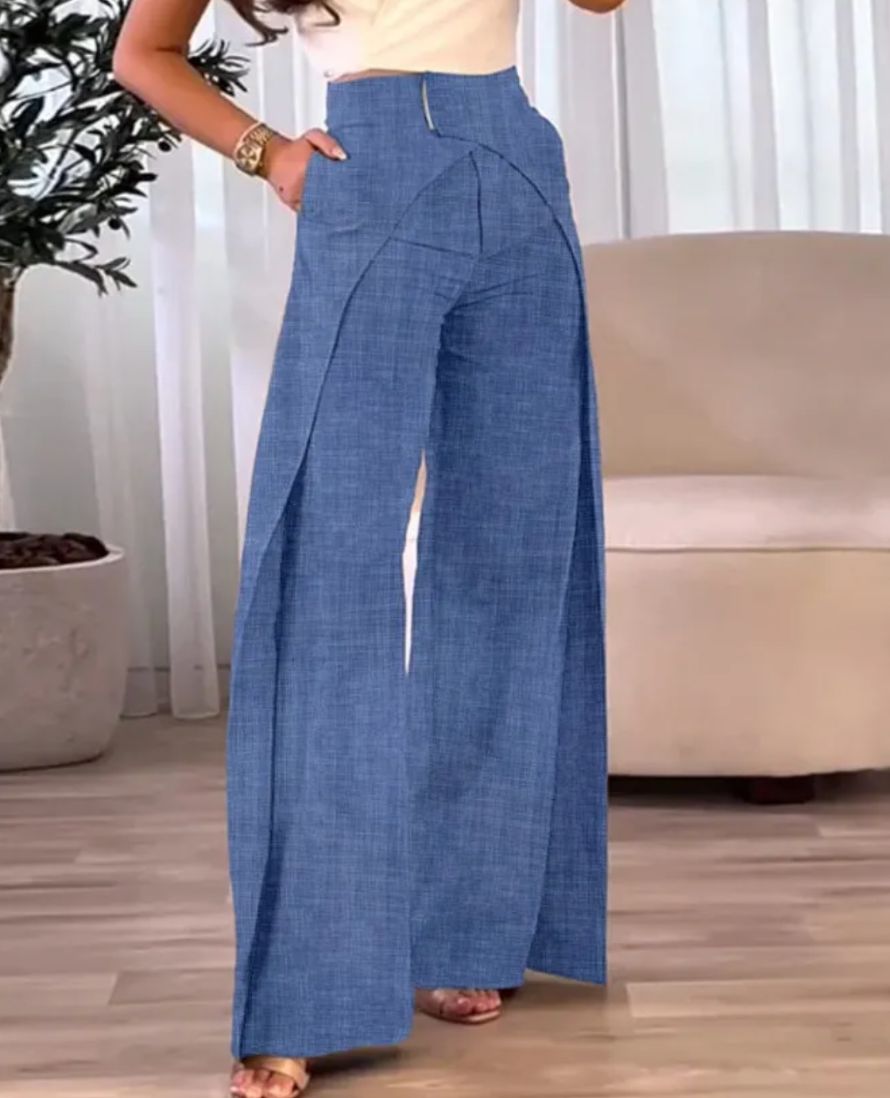 Areliax - Pantalon femme taille haute fluide fendu style élégant