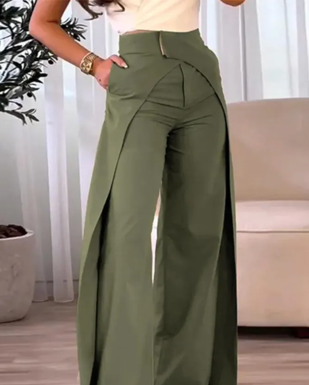 Areliax - Pantalon femme taille haute fluide fendu style élégant
