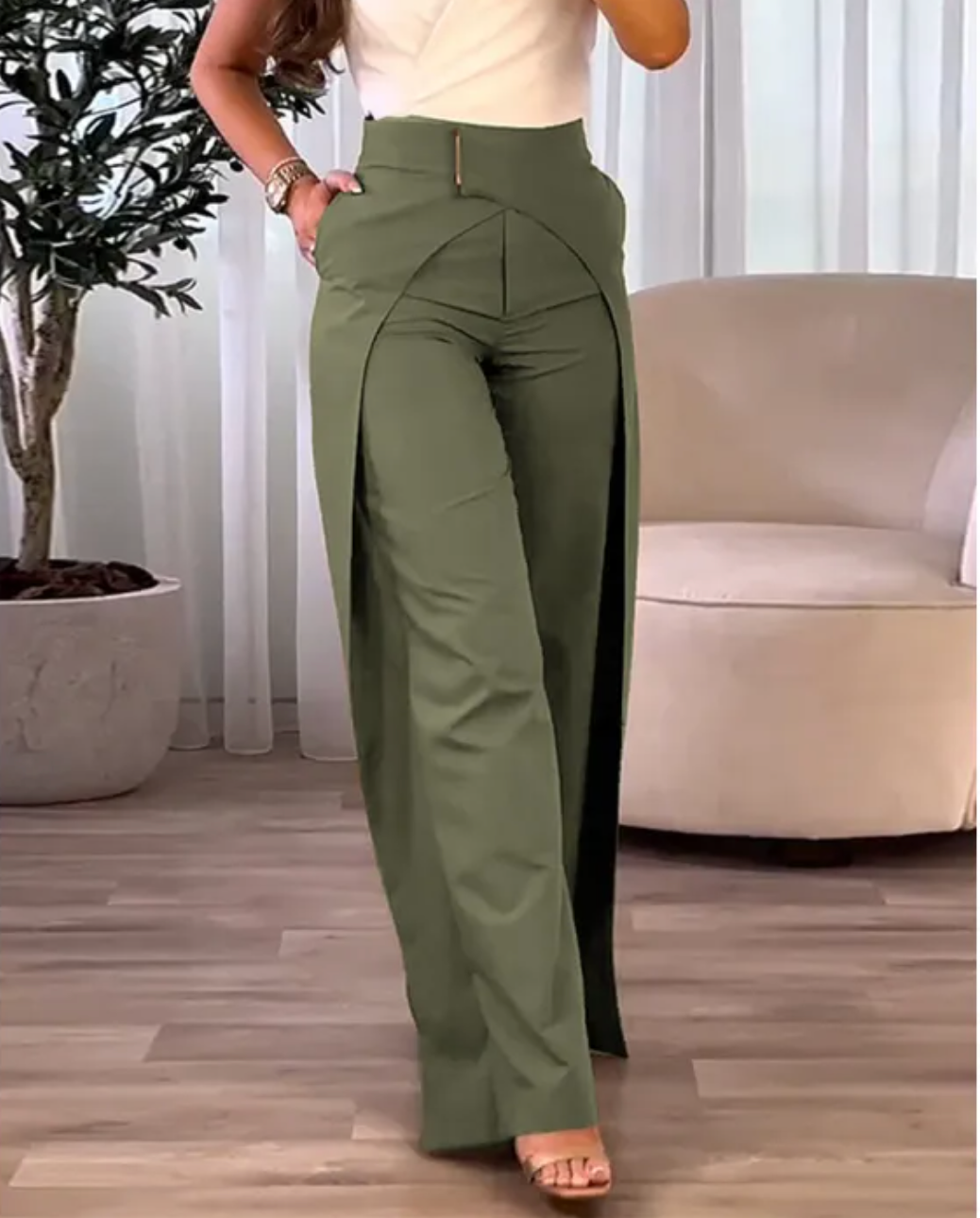 Areliax - Pantalon femme taille haute fluide fendu style élégant