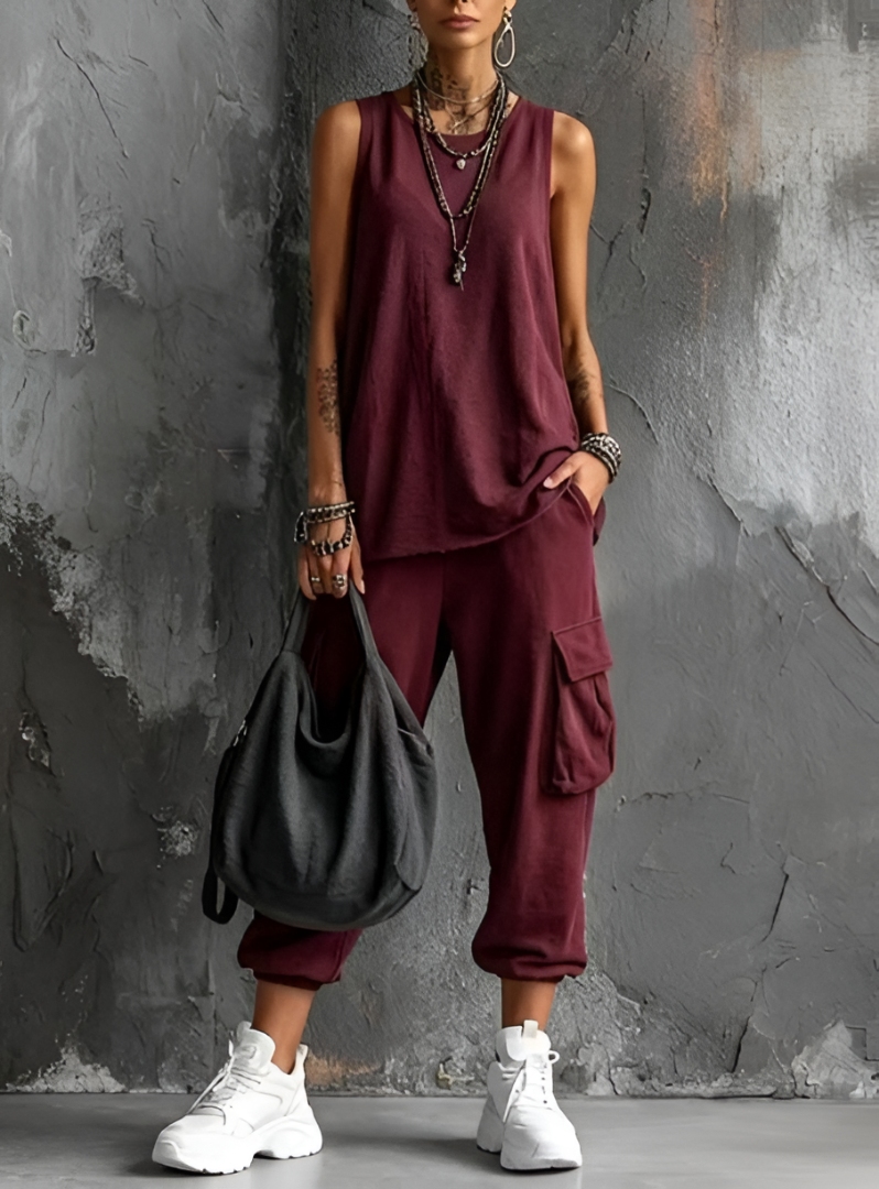 Fiorissa - Ensemble femme urban chic avec haut sans manches et pantalon cargo