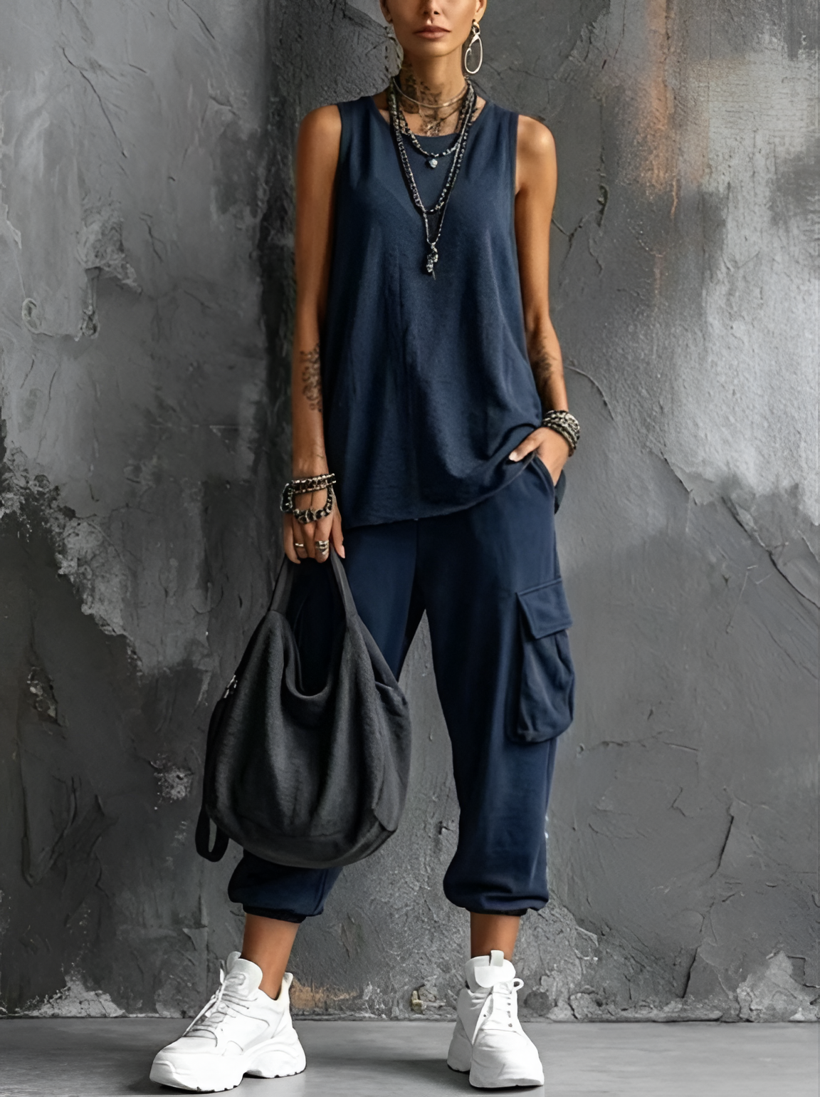 Fiorissa - Ensemble femme urban chic avec haut sans manches et pantalon cargo