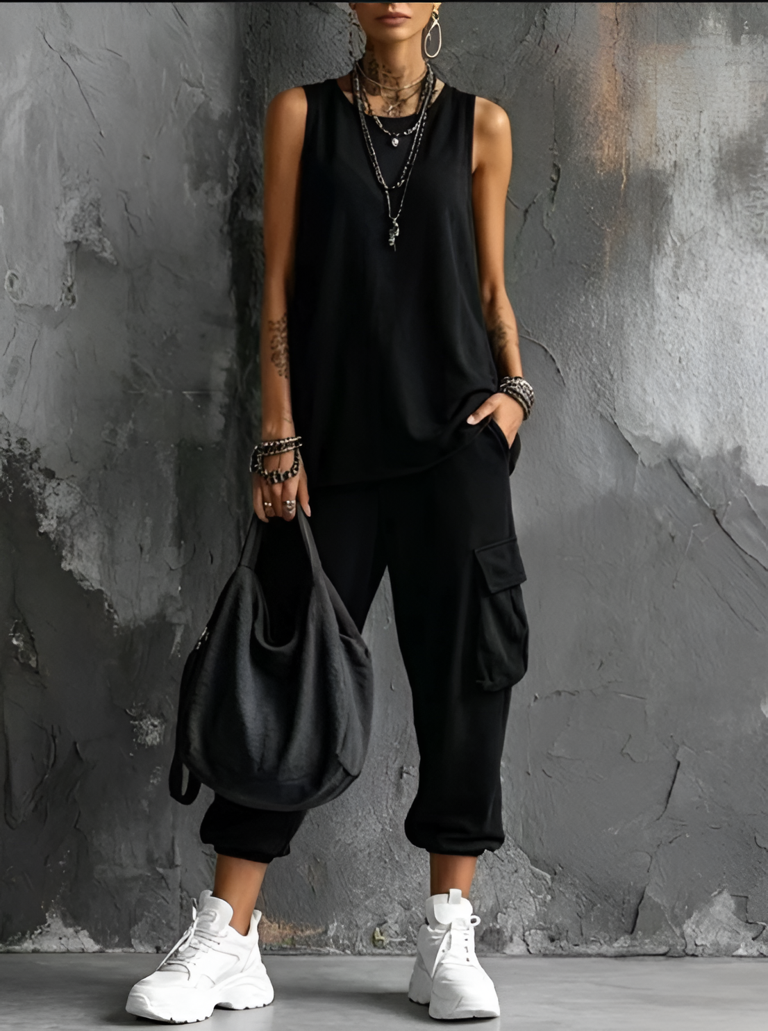 Fiorissa - Ensemble femme urban chic avec haut sans manches et pantalon cargo