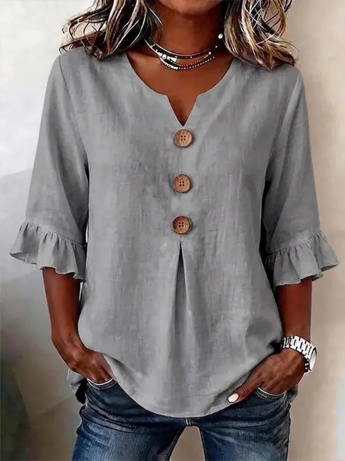 Lythra - Chemisier Femme Col V Boutonné Manches Mi Longues Coupe Fluide