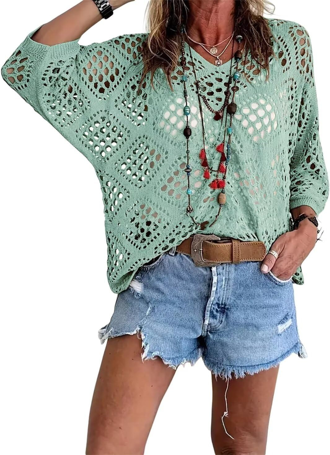 Kassoria - Top femme en crochet ajouré style bohème à col en V