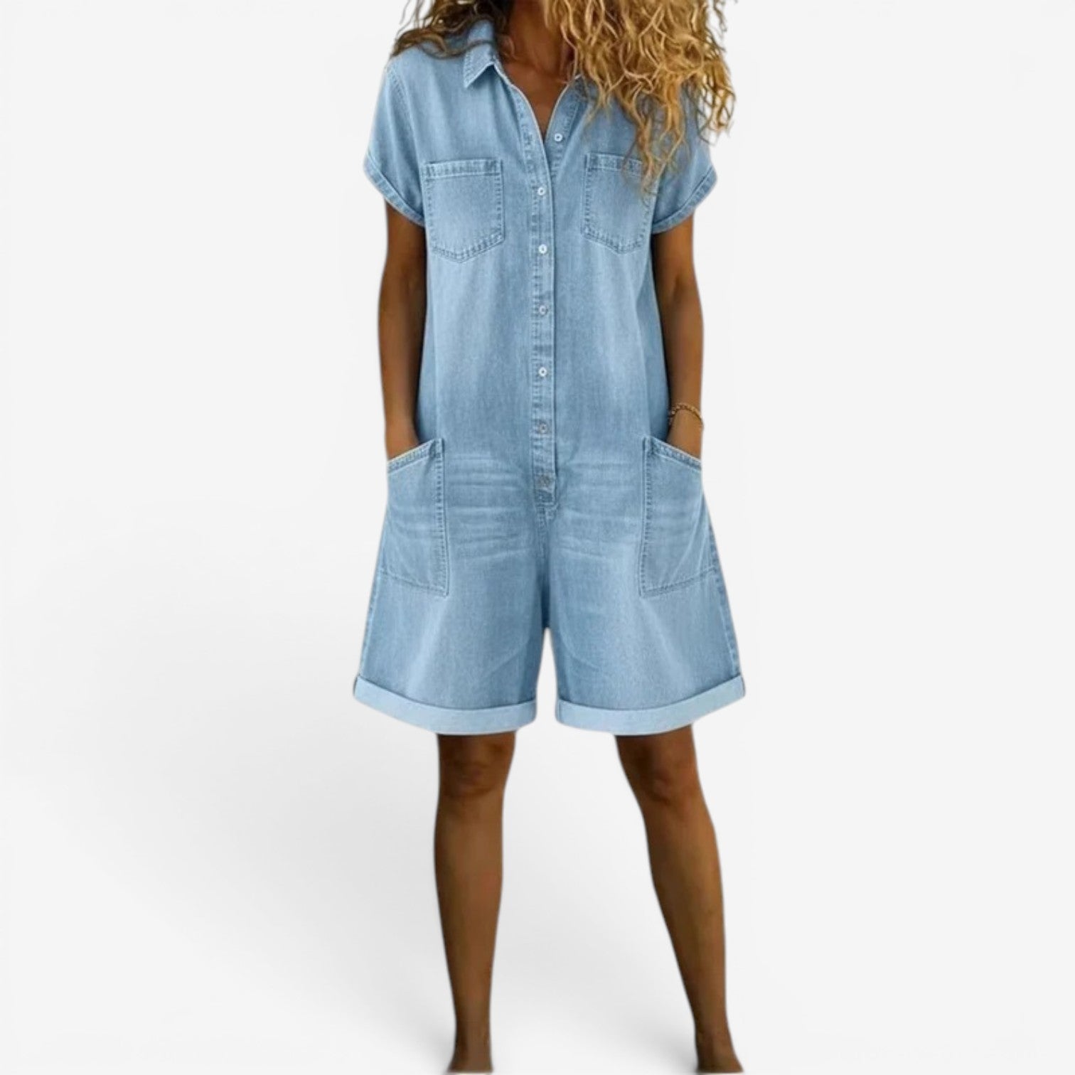 Rovellea - Combinaison femme courte denim ample boutons été casual