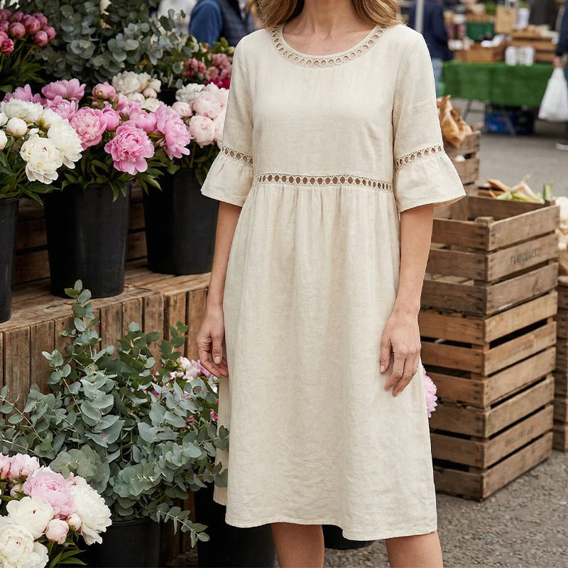Pryline - Robe femme mi-longue lin col rond dentelle ajourée manches volants