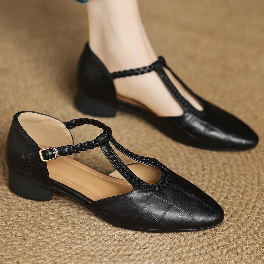 Prynelle - Chaussures Mary Jane femme en cuir avec bride tressée