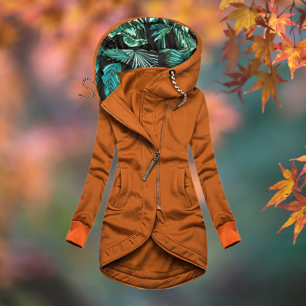 Annemieke - Veste femme longue à capuche avec fermeture zippée