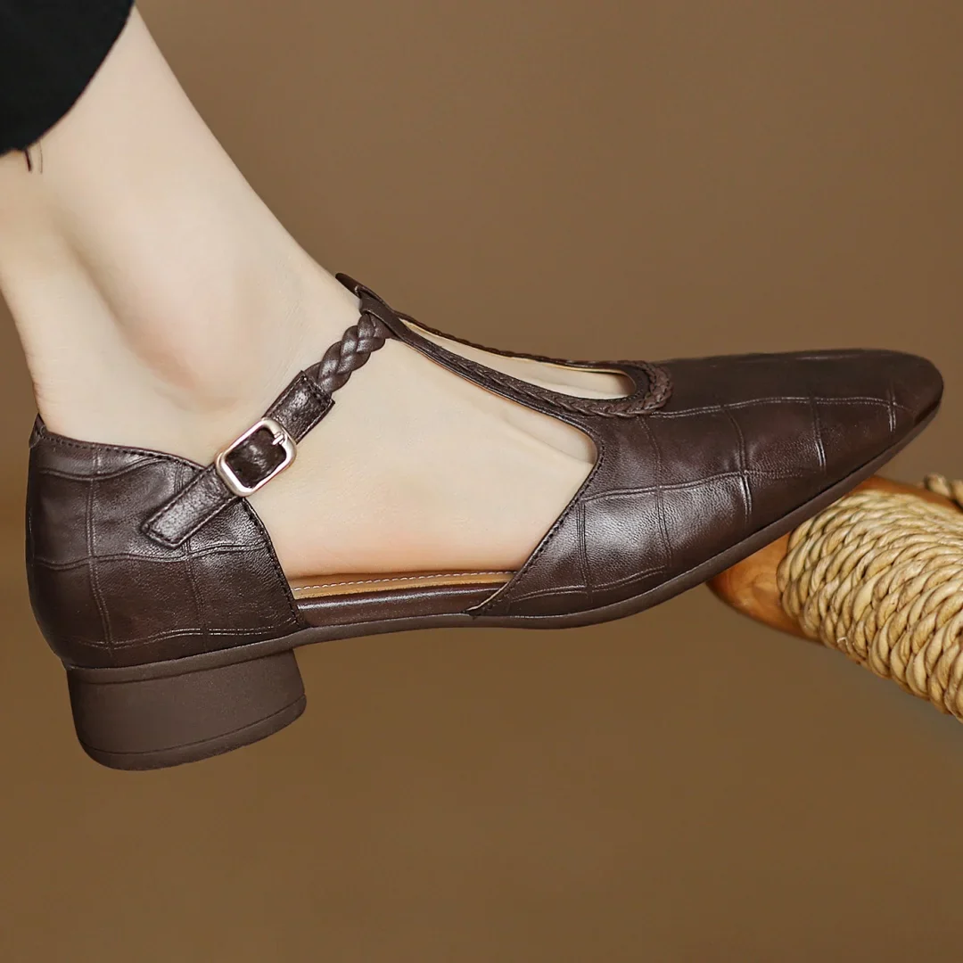 Prynelle - Chaussures Mary Jane femme en cuir avec bride tressée