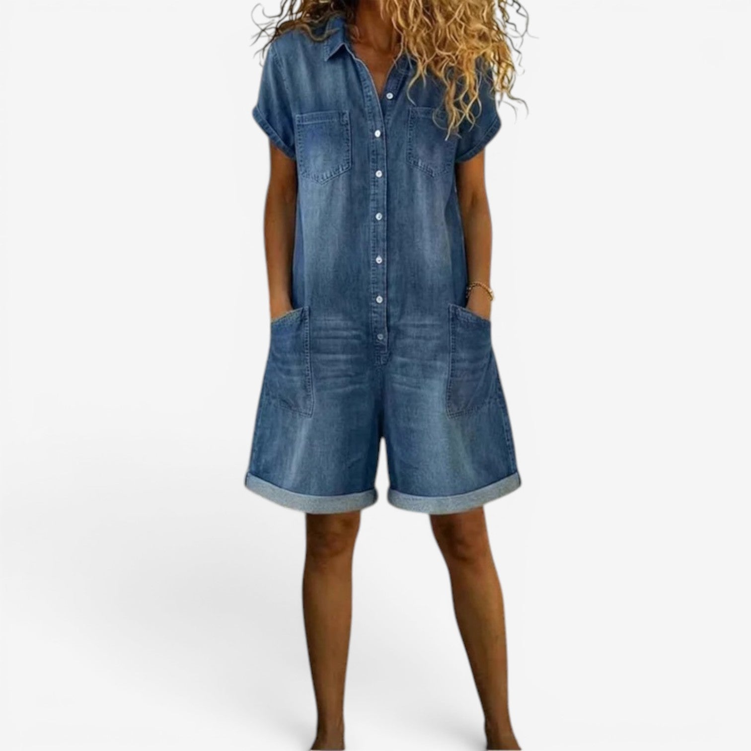 Rovellea - Combinaison femme courte denim ample boutons été casual