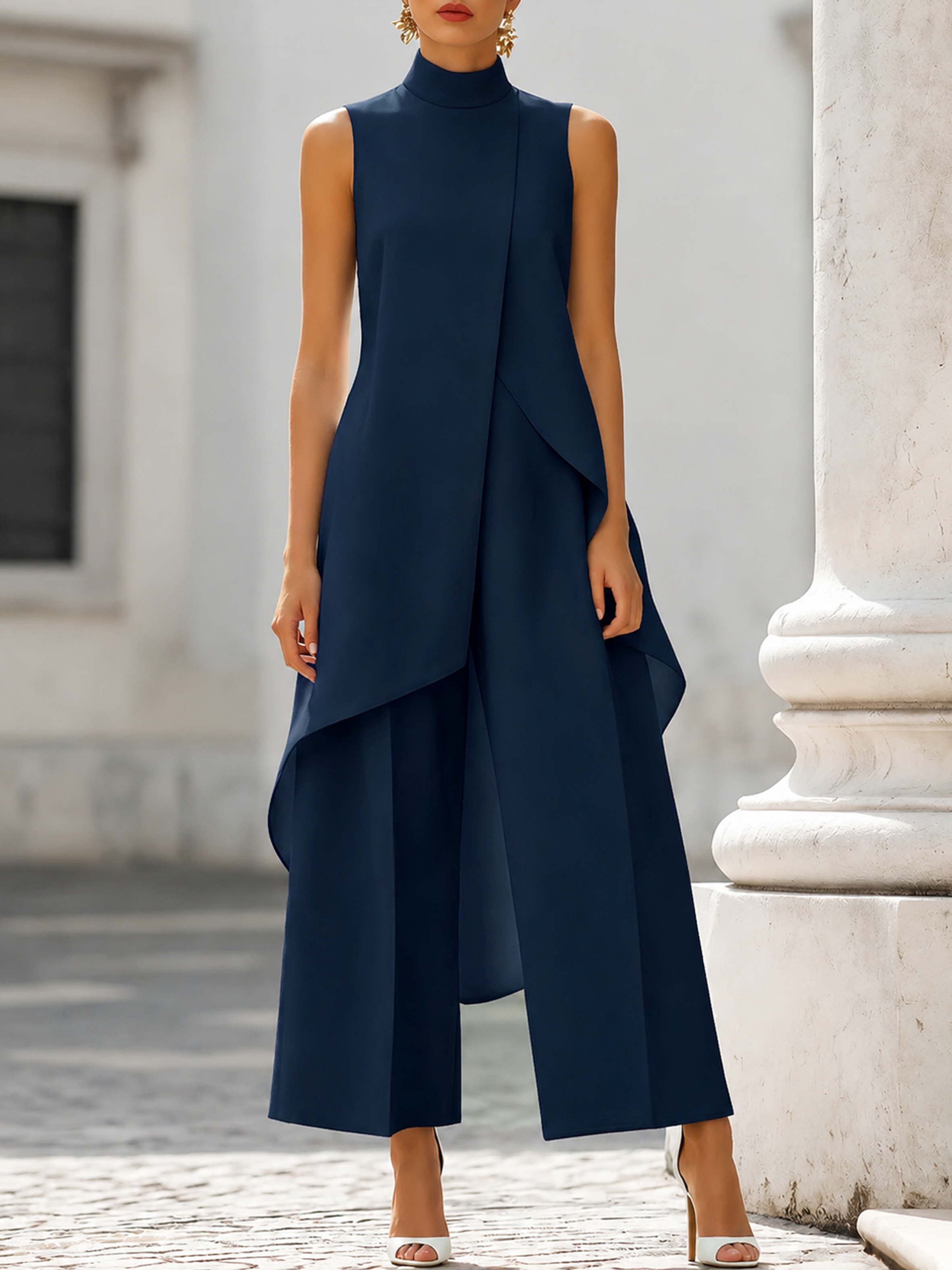 Dovessa - Combinaison pantalon femme à col montant et panneau asymétrique
