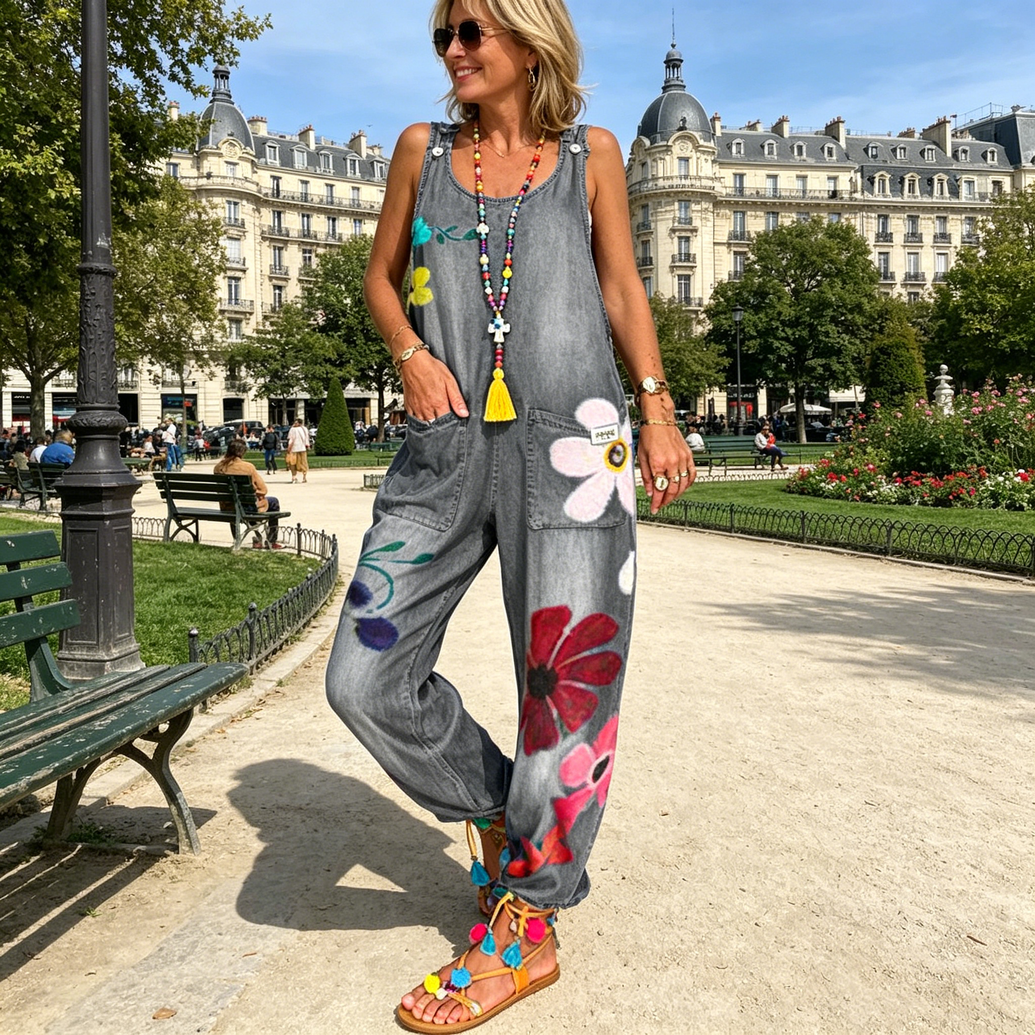 Jovalythra - Combinaison Denim Fleurie Décontractée à Coupe Ample Femme