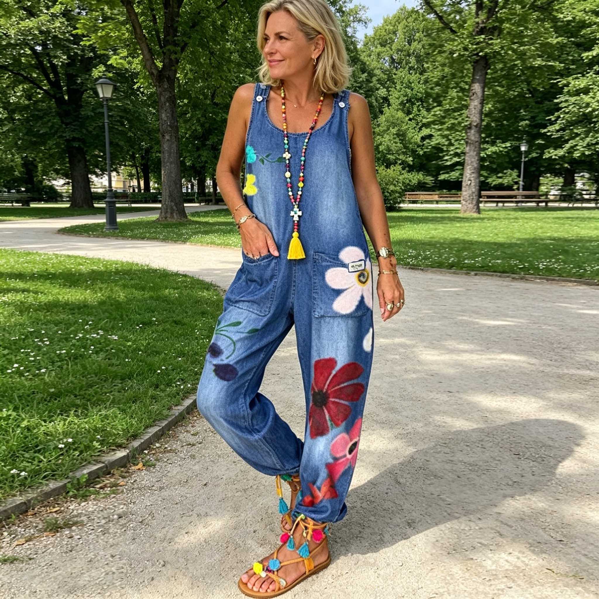 Jovalythra - Combinaison Denim Fleurie Décontractée à Coupe Ample Femme