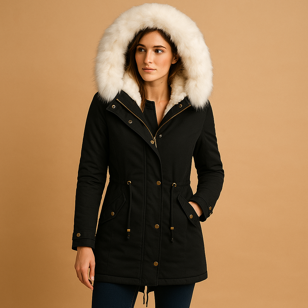 Camille - Long Winter Coat with Faux Fur Hood for Women