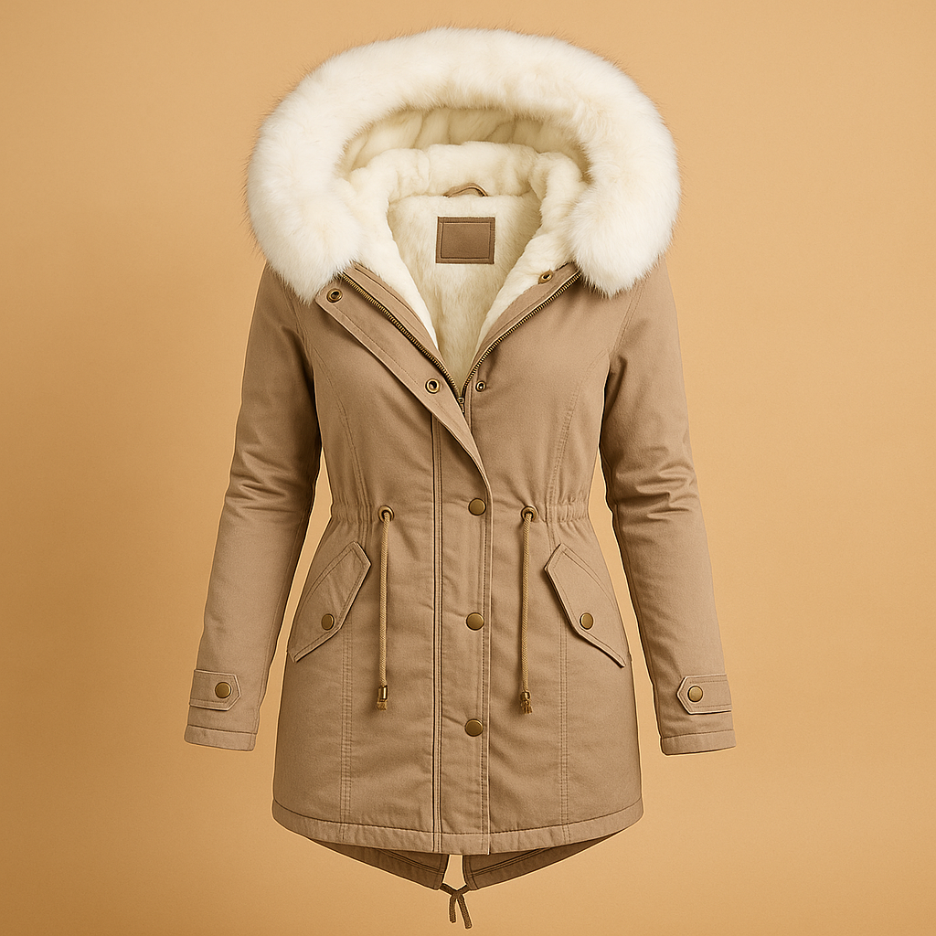 Camille - Long Winter Coat with Faux Fur Hood for Women