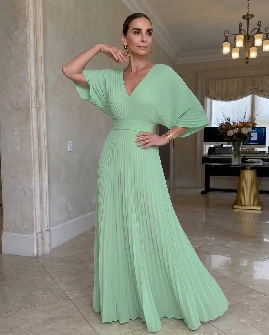 Rynavelle - Robe longue femme plissée élégante à col V fluide