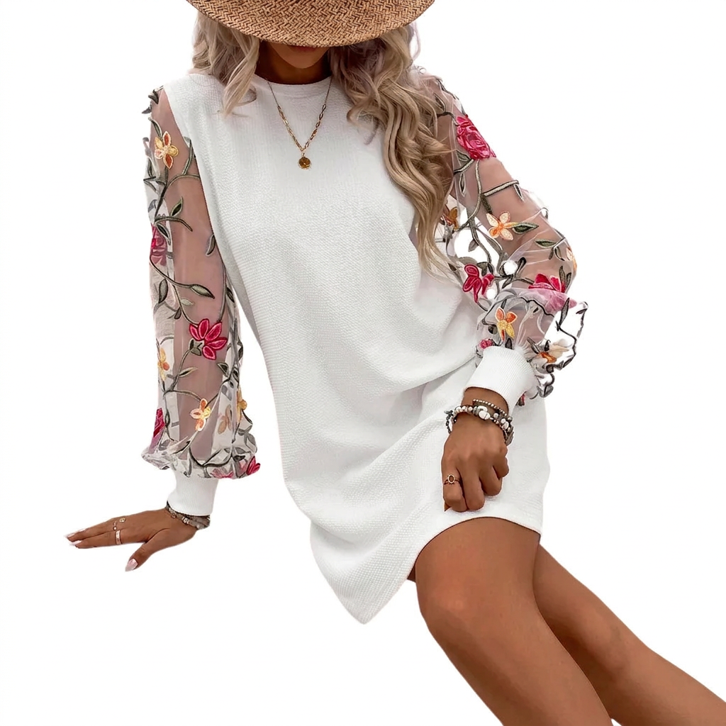 Quelythra - Robe pull femme élégante avec manches florales brodées