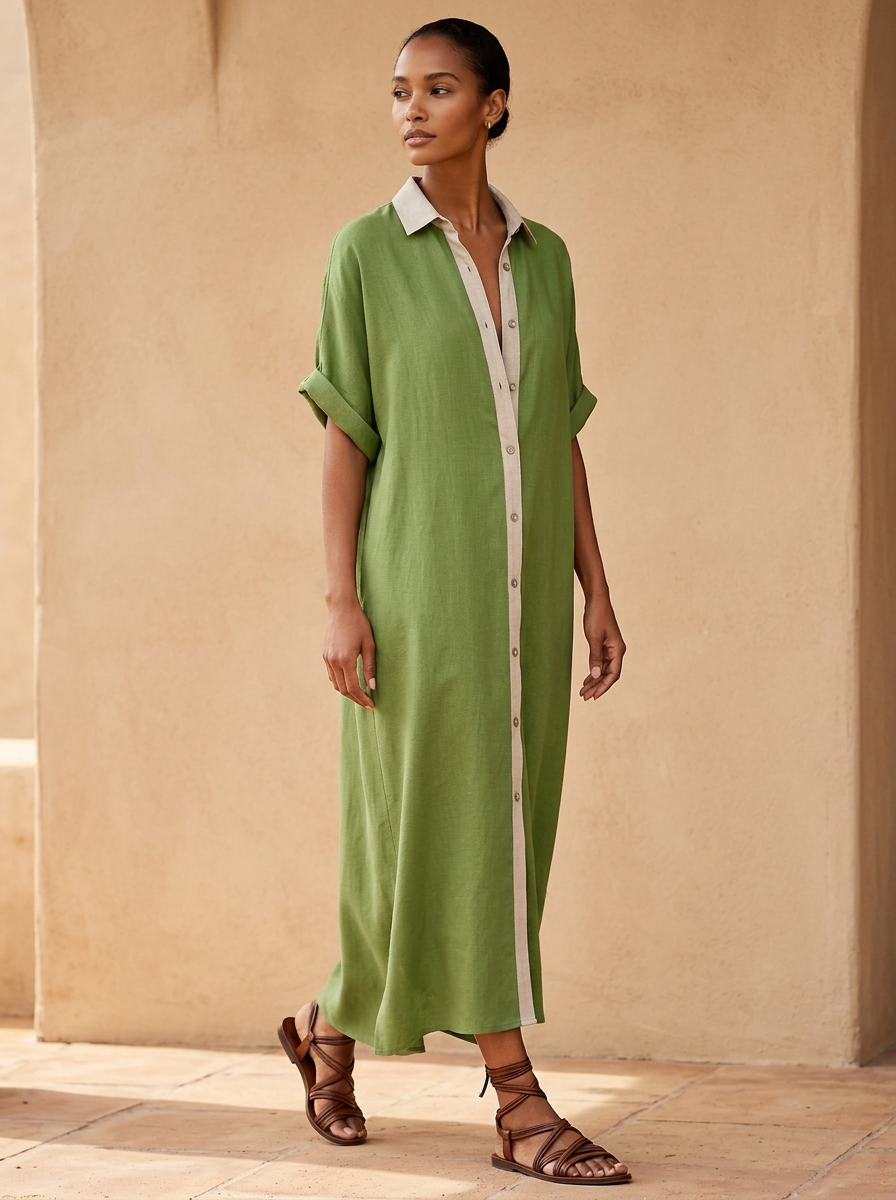 Kirevyn - Robe chemise midi femme noire à boutons contrastés