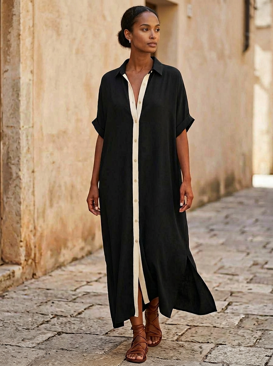 Kirevyn - Robe chemise midi femme noire à boutons contrastés