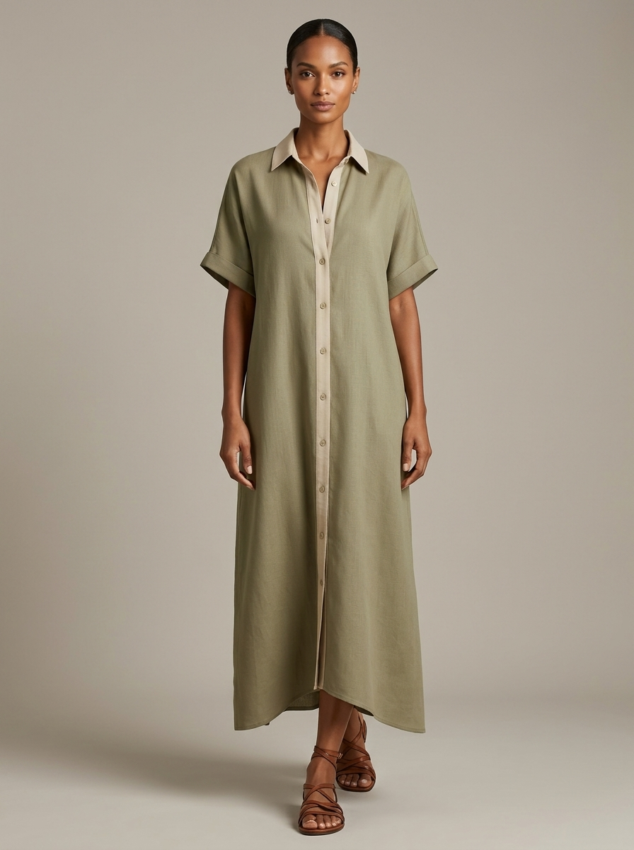 Kirevyn - Robe chemise midi femme noire à boutons contrastés