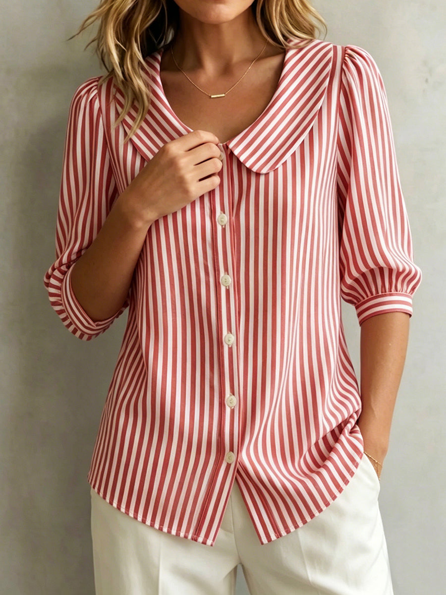 Halyssa - Blouse femme rayée col claudine boutons manches 3/4