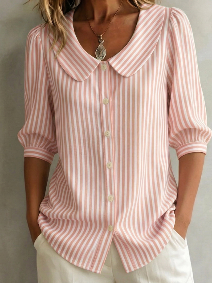 Halyssa - Blouse femme rayée col claudine boutons manches 3/4