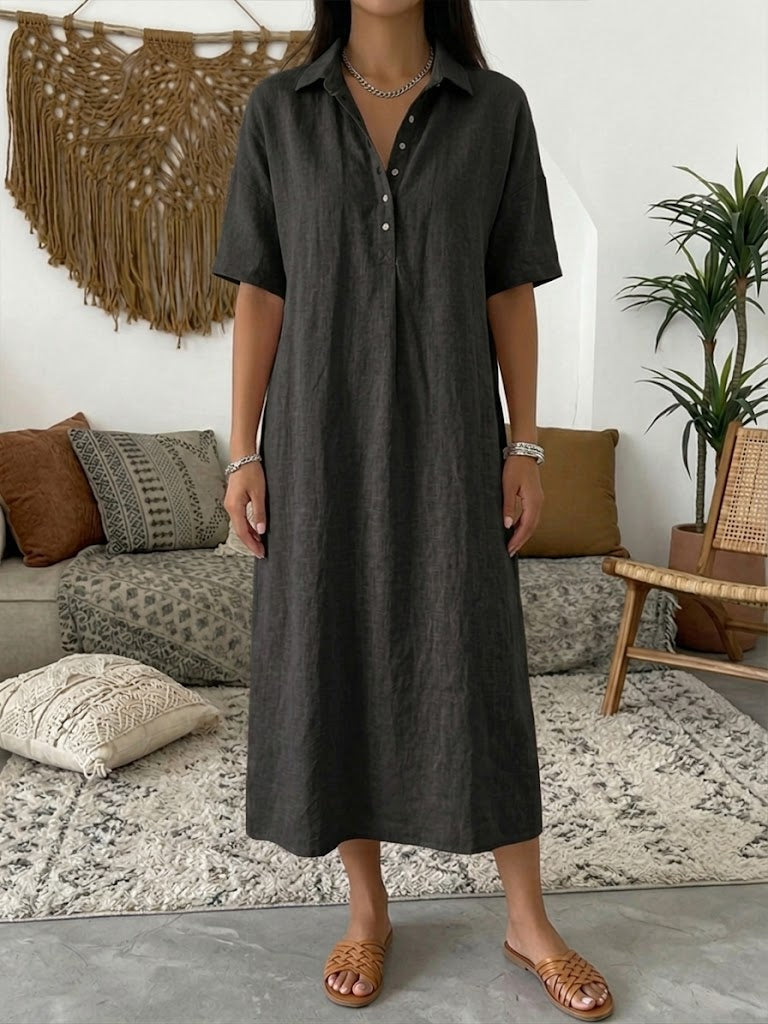 Iovelle - Robe Femme Polo Coton Lin Décontractée Été Manches Courtes