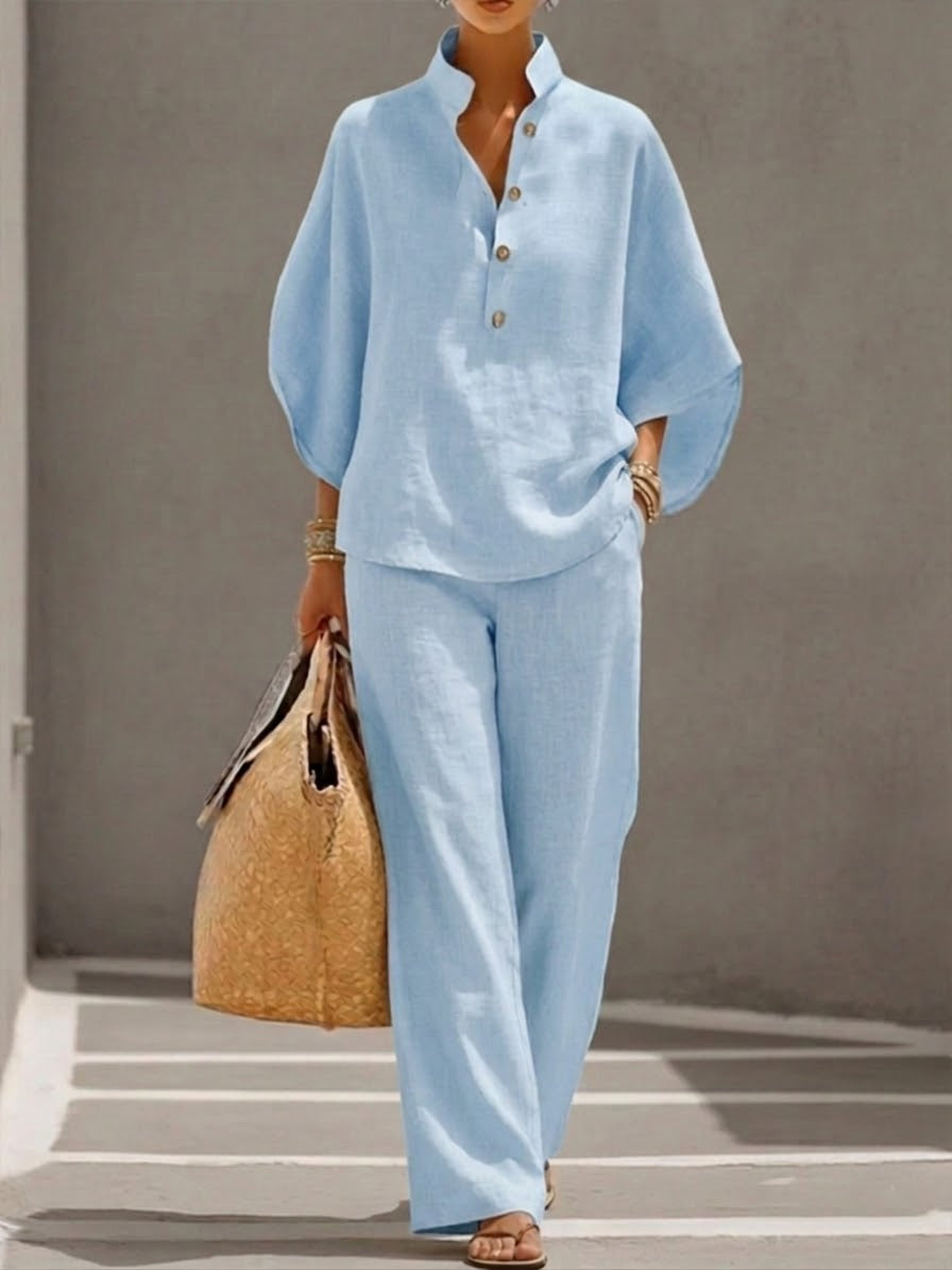 Jovixa - Ensemble Fluide Coton Lin Manches Amples & Pantalon Large