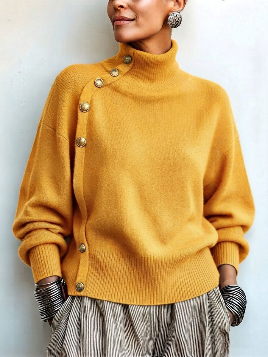 Willemijn - Pull femme à col roulé asymétrique avec boutons dorés