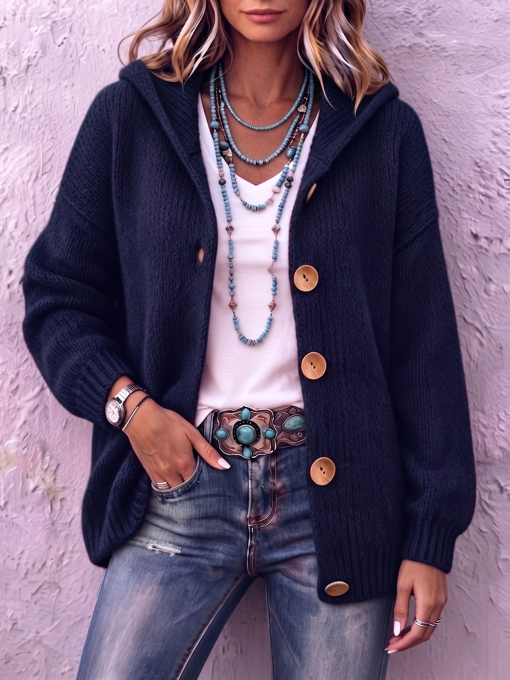 Ingrid - Cardigan femme en maille à capuche avec boutons