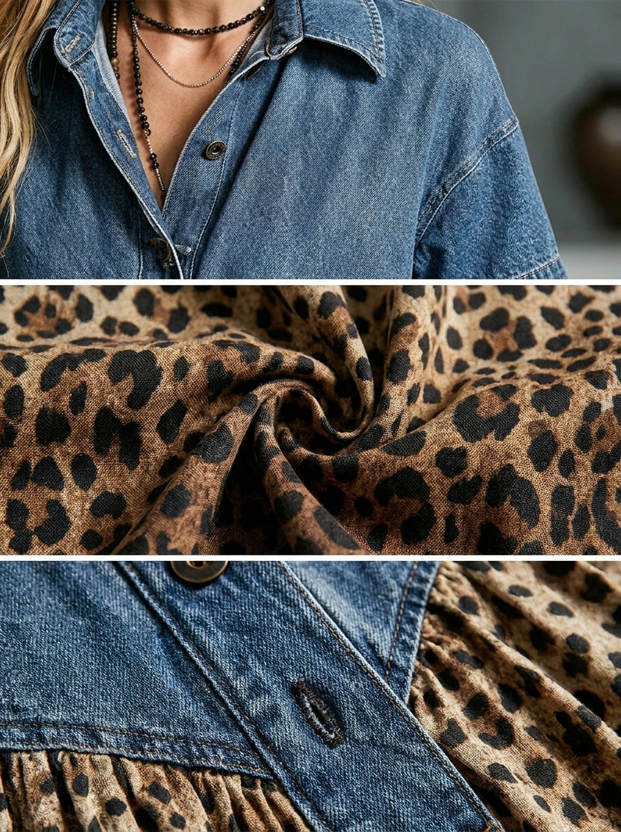 Eira - Robe femme patchwork denim avec imprimé léopard fluide