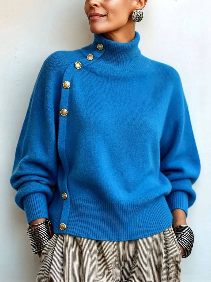 Willemijn - Pull femme à col roulé asymétrique avec boutons dorés