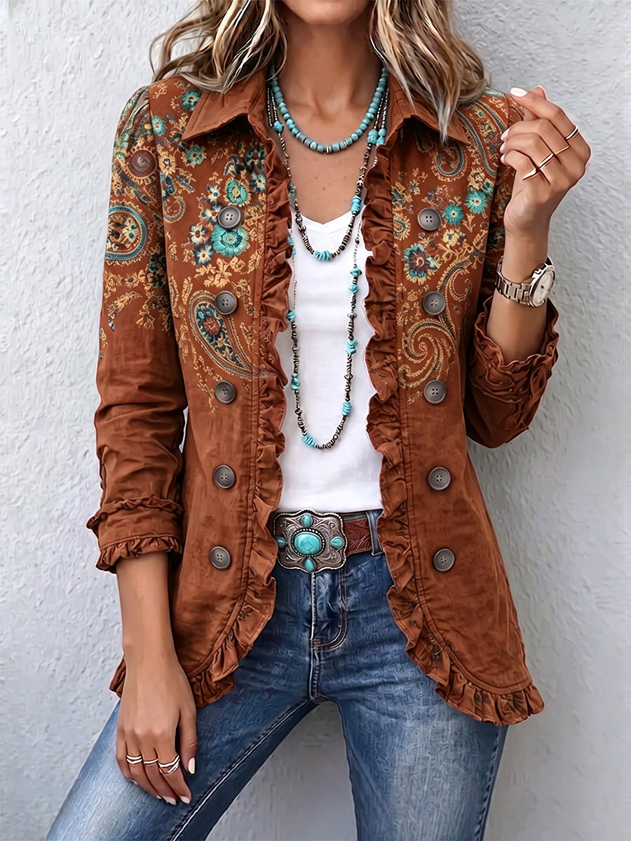Hazel - Veste femme bohème à volants et imprimé paisley