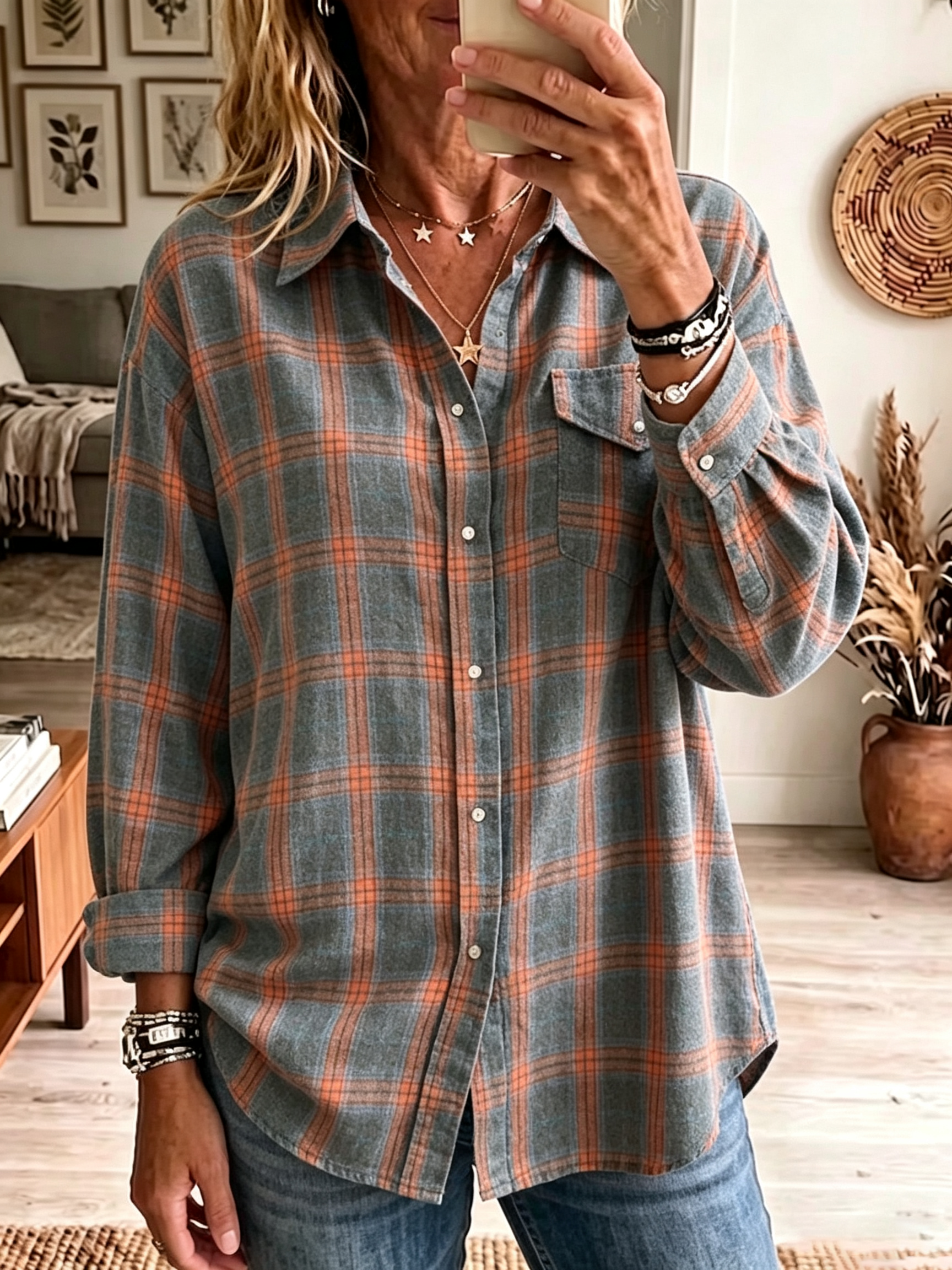 Oona - Chemise femme oversize à carreaux avec poches boutonnées