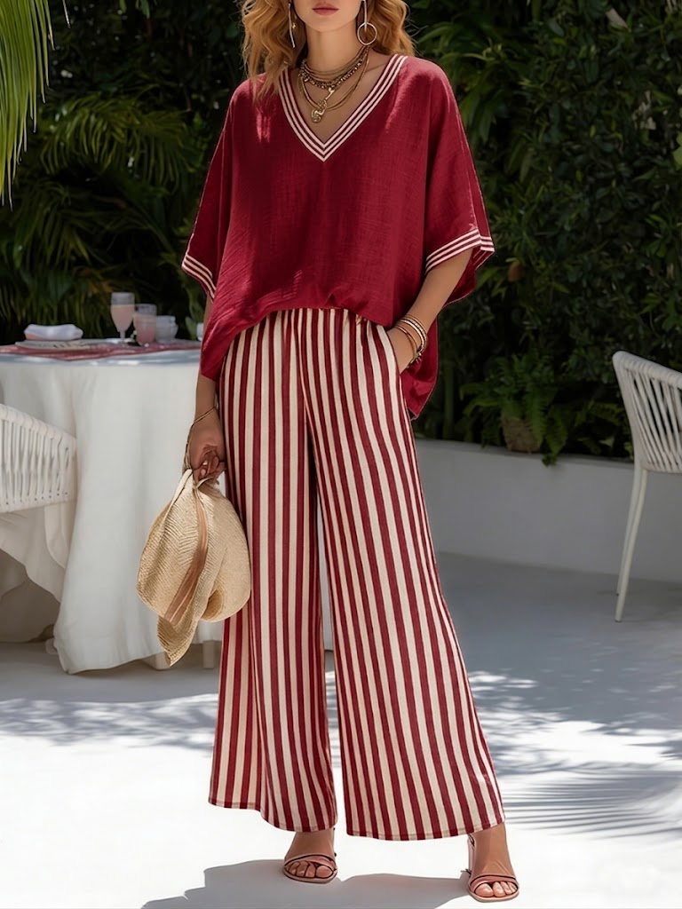 Gorixa - Ensemble Femme Lin Coton Rayé Coupe Large Style Estival Élégant