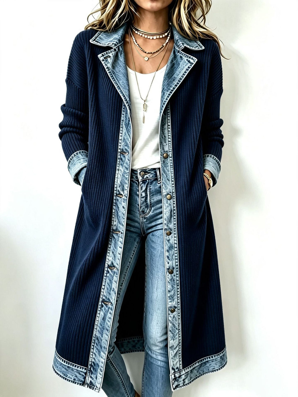 Béryl - Women's long ribbed knit cardigan with denim trim